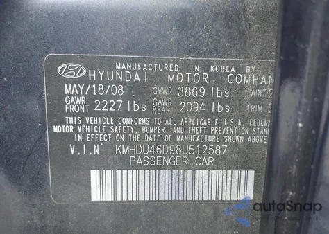 2008 Hyundai Elantra Gls/Se из США, поврежденный, VIN KMHDU46D98U512587
